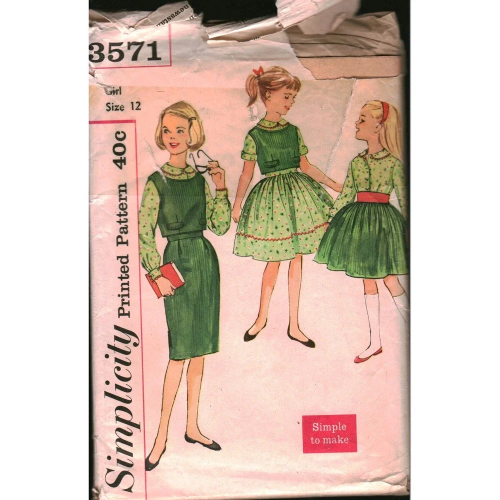 Vintage Simplicity 3571 Girls Blouse Top Slim Gathered Skirt Pattern Size 12